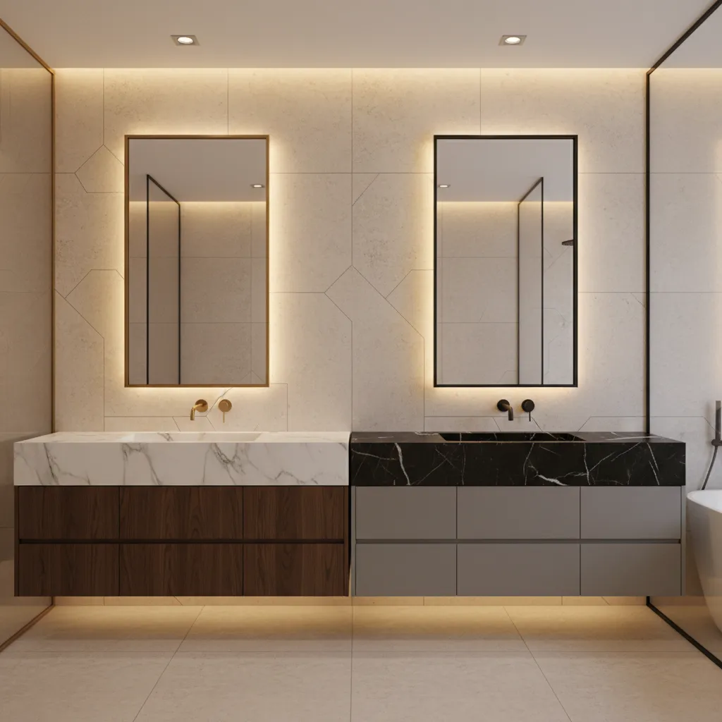 Bathroom vanity mirrors with different frame materials including brass and black metal