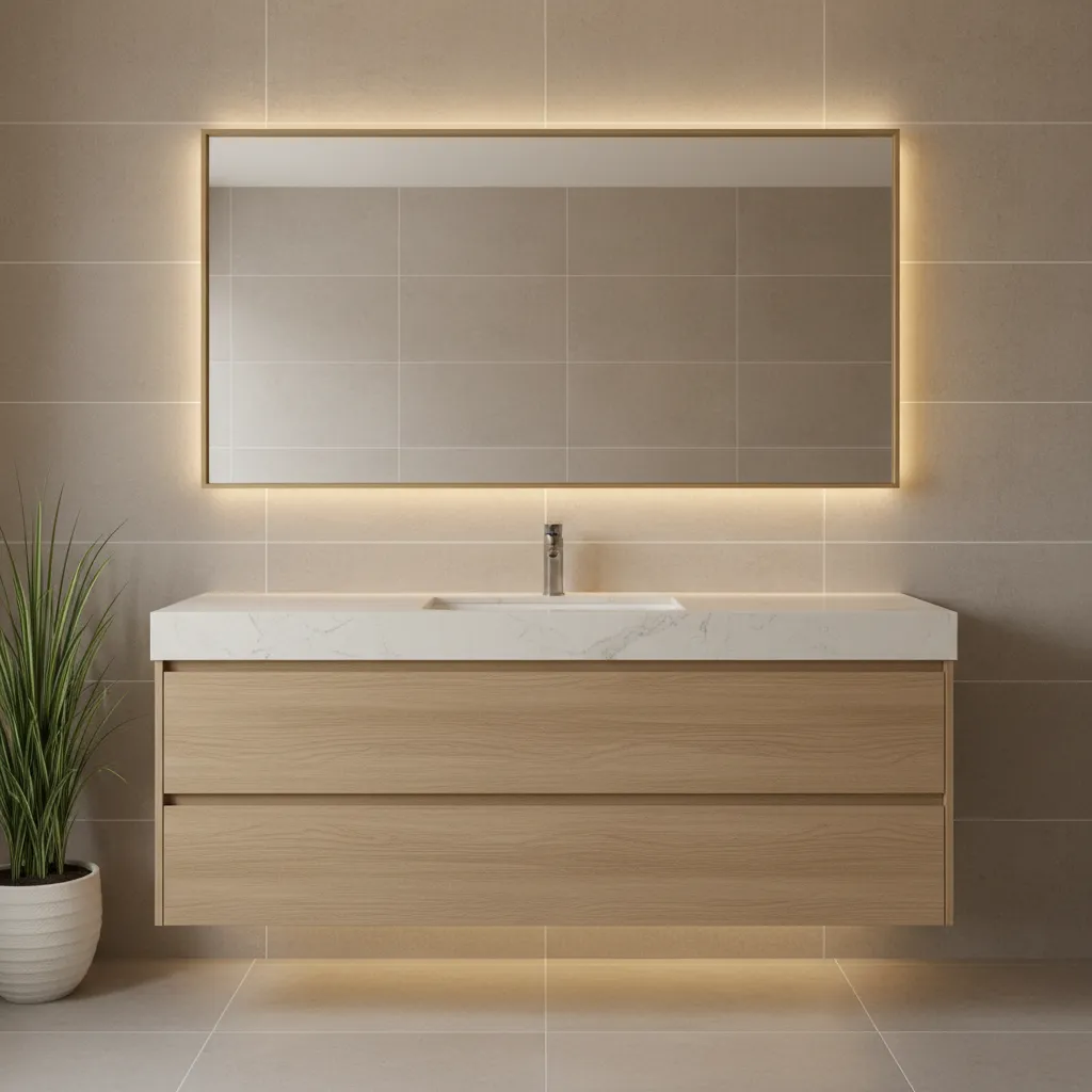 stylish framed bathroom mirror above vanity with modern fixtures