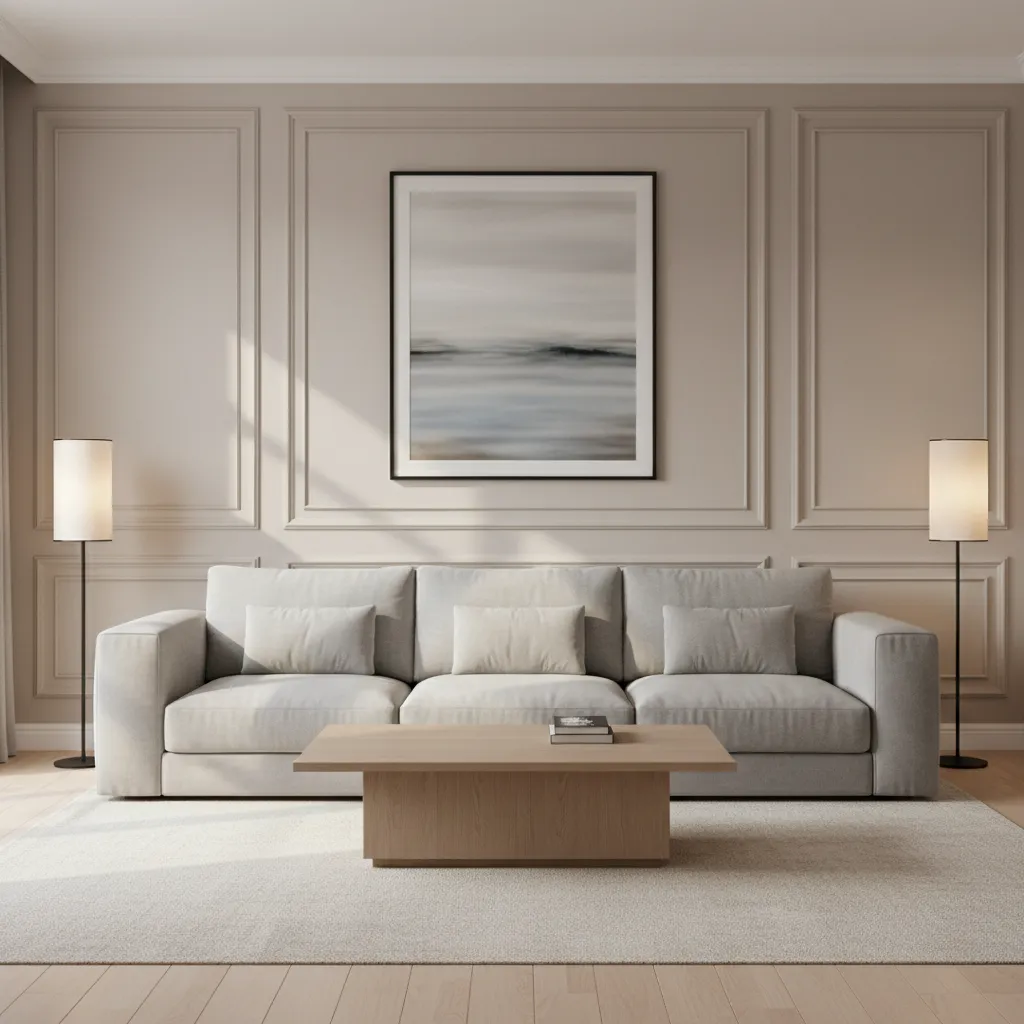 living room wall with classic rectangular gypsum panel frames
