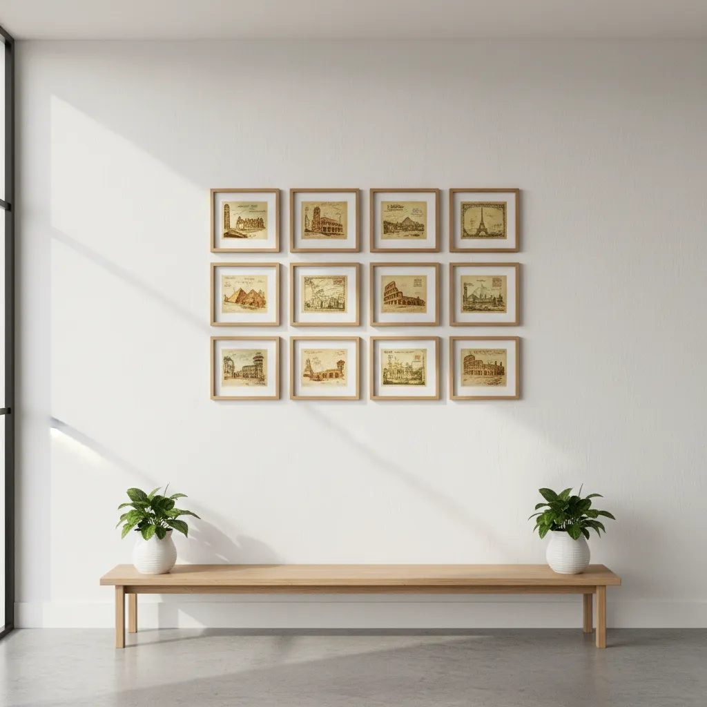 Grid of small frames displaying vintage travel postcards