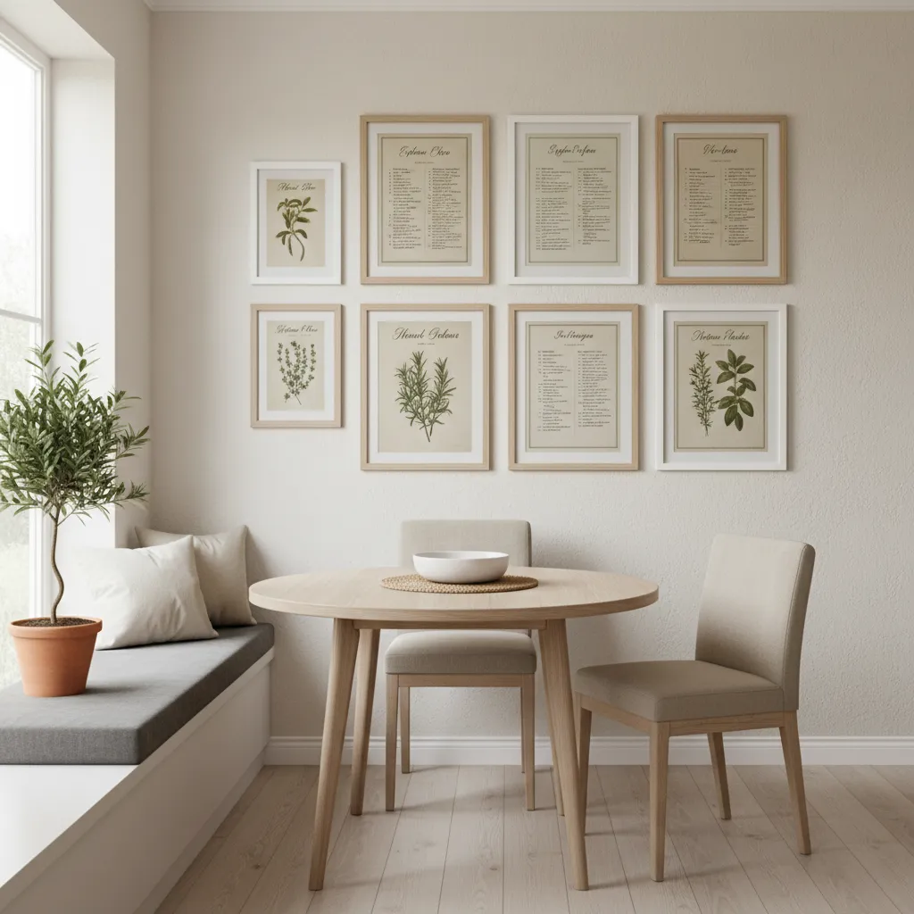 framed vintage recipes gallery wall in kitchen