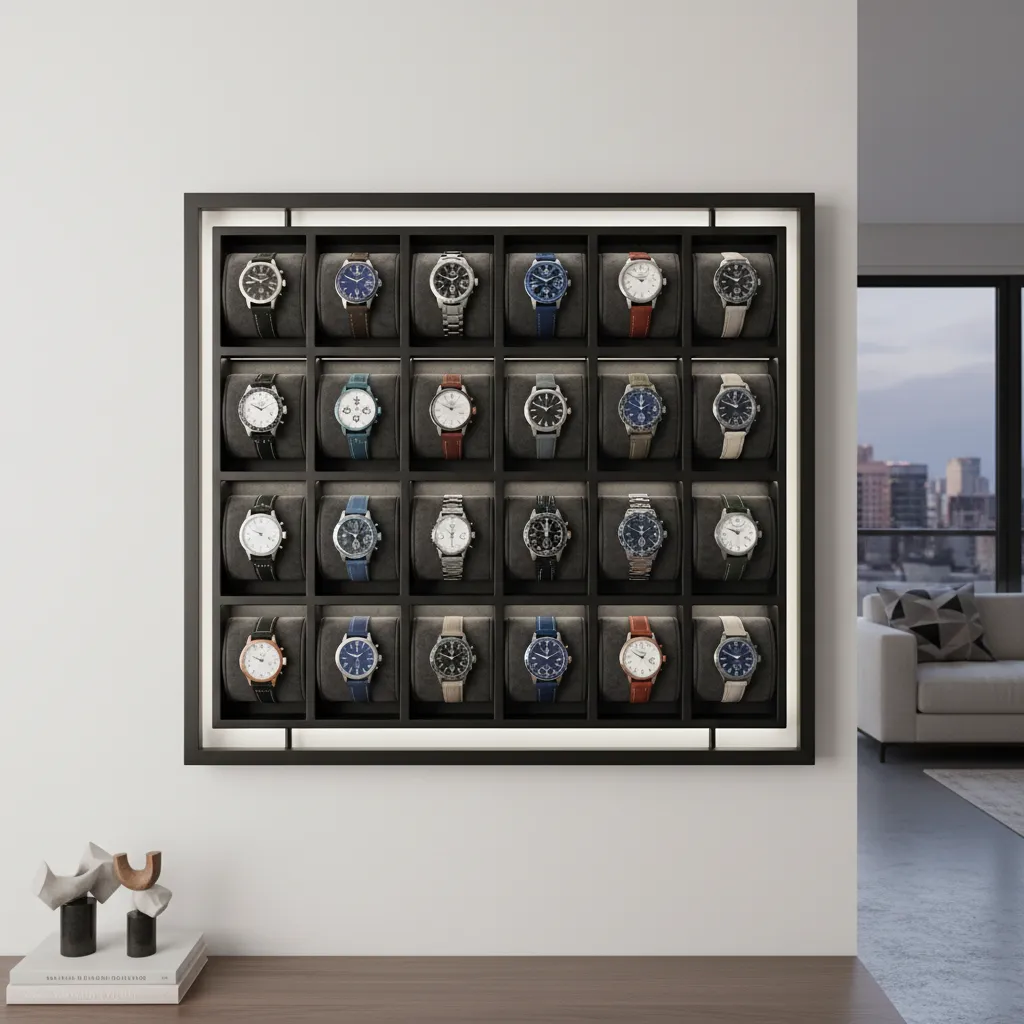 framed grid watch display mounted on wall
