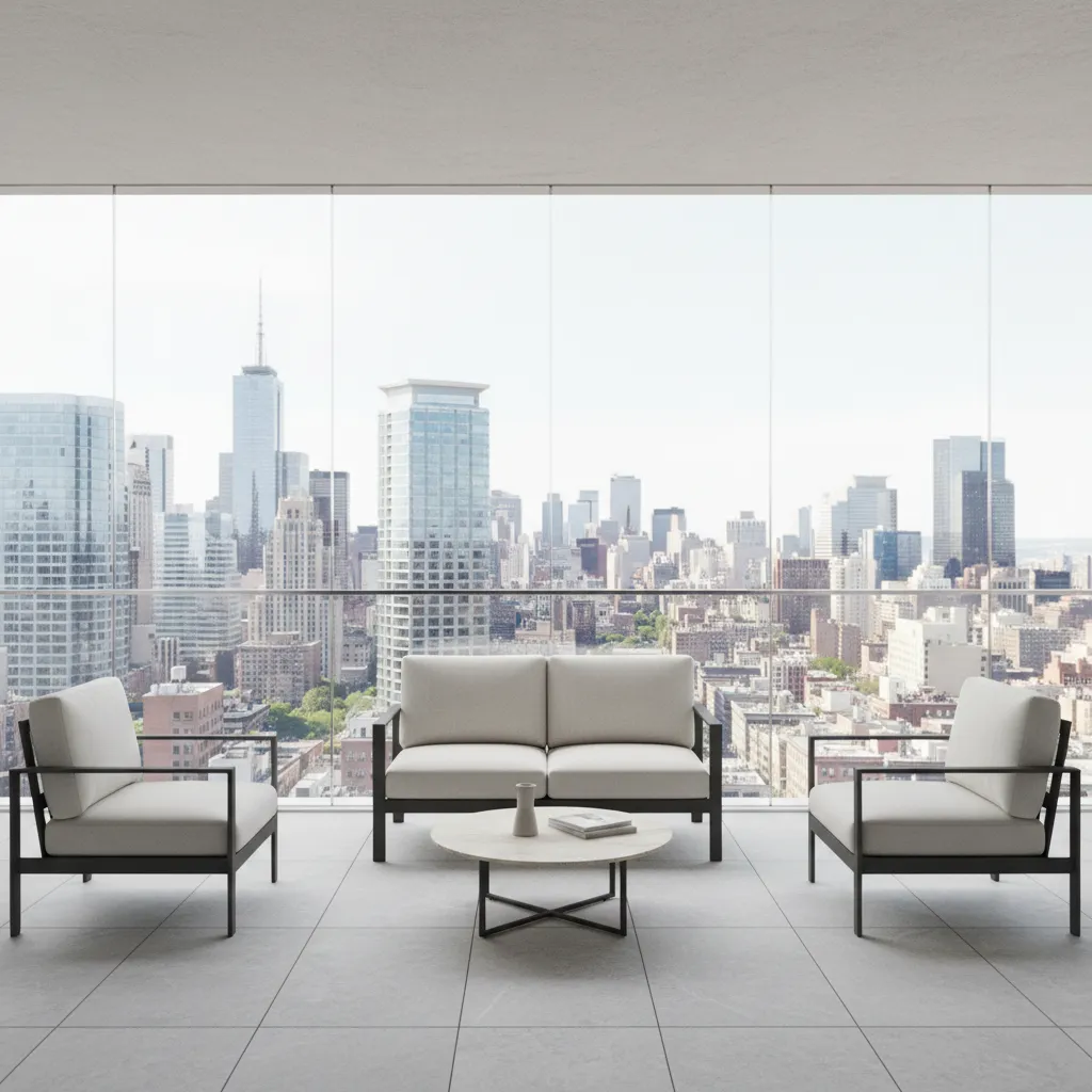 minimalist balcony with frameless glass railing and outdoor seating