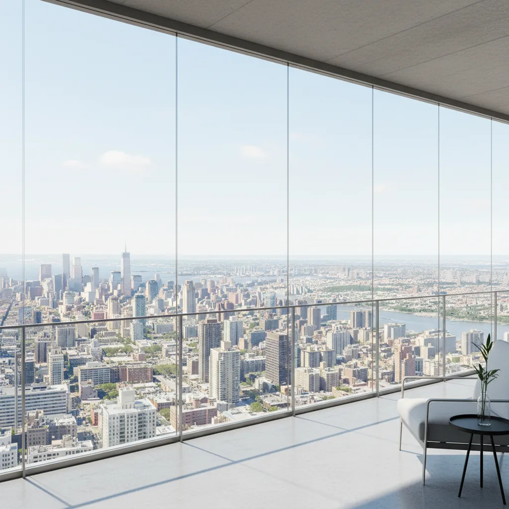 frameless glass balcony enclosure with panoramic city view