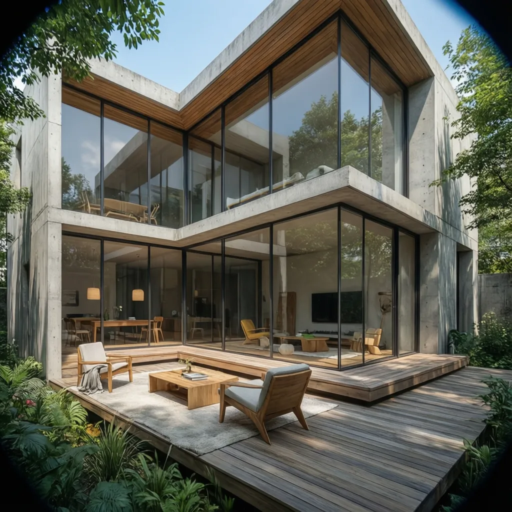 Modern concrete house with large glass windows featuring a wooden deck and outdoor patio furniture