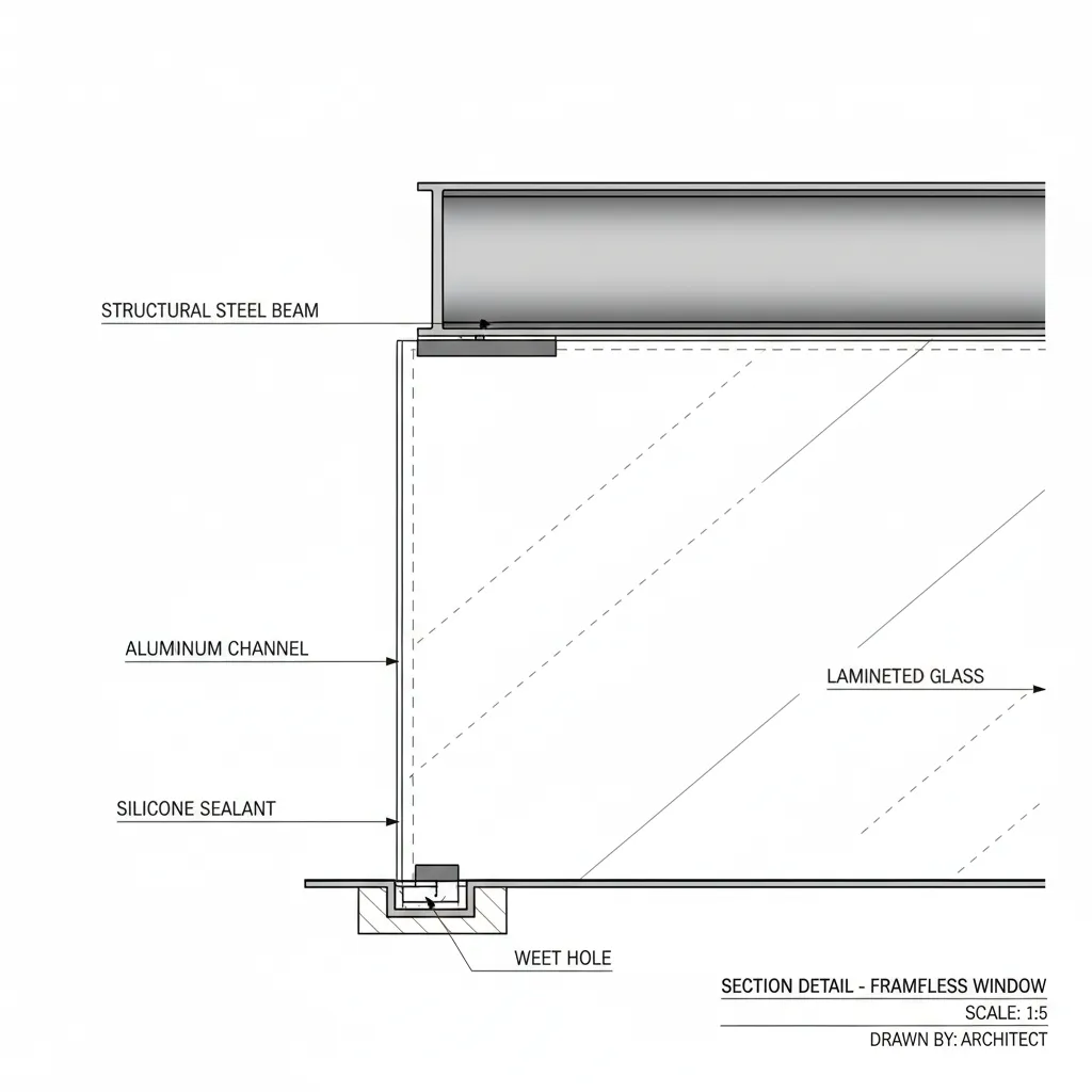 Interior design drawing showing a section of a glass window with a structural steel beam