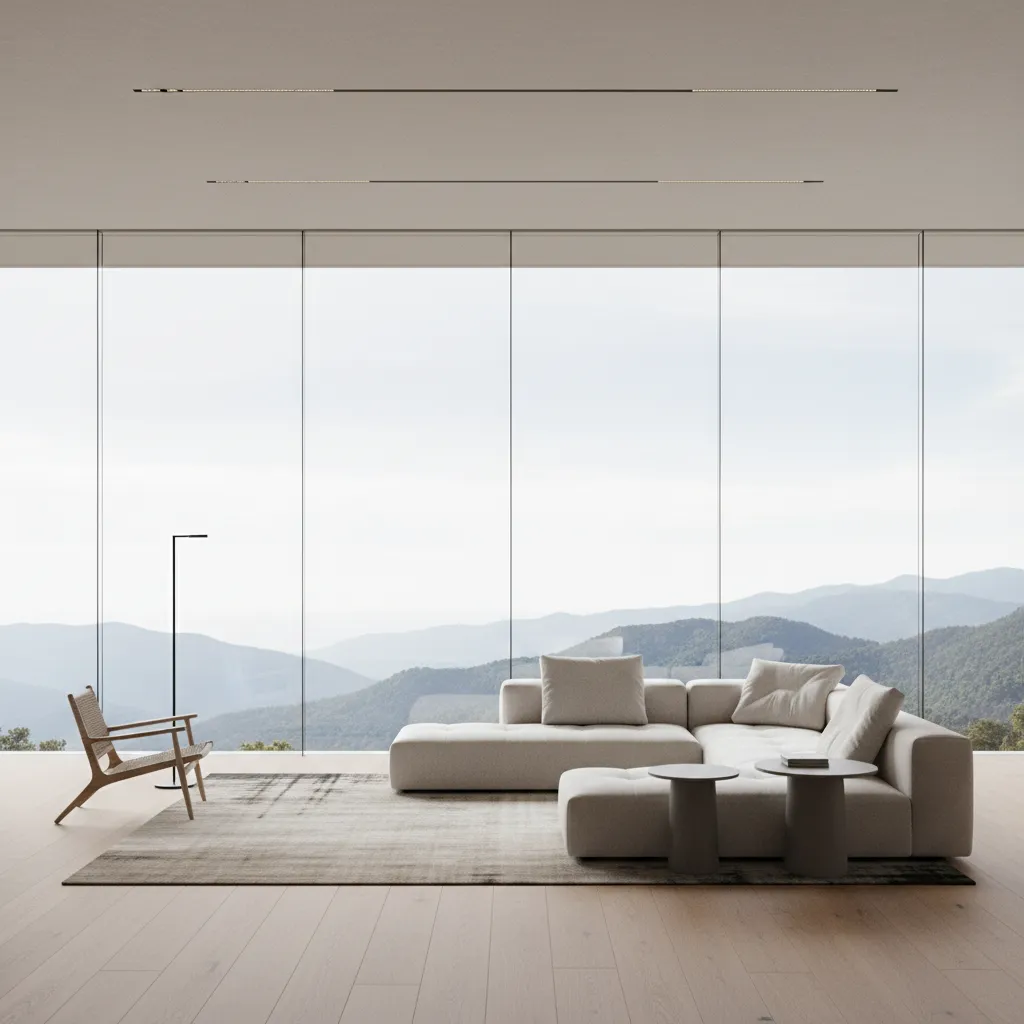 modern living room with floor to ceiling frameless glass wall