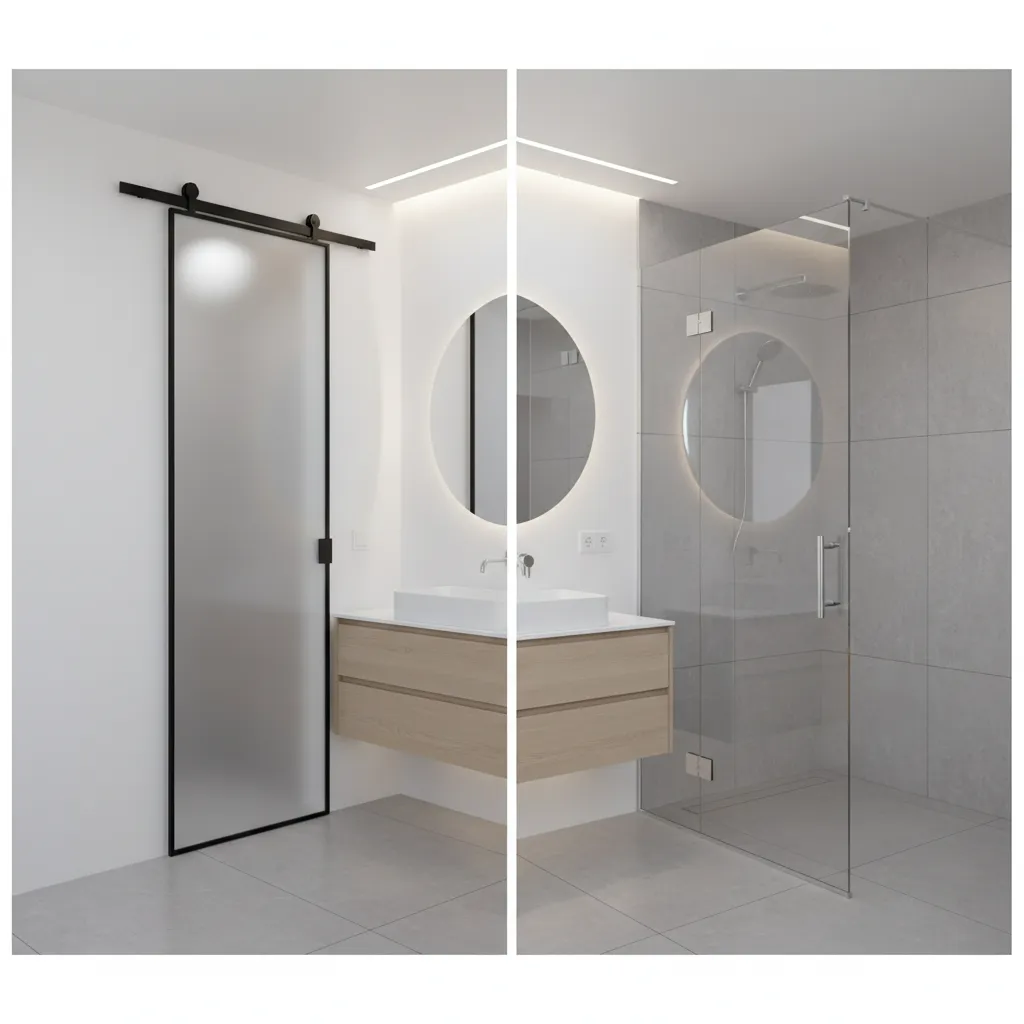 Comparison between framed and frameless frosted glass bathroom doors