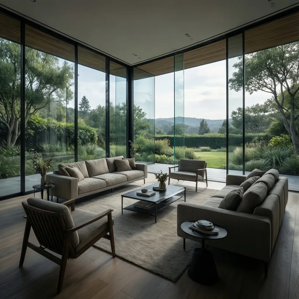 Modern living room with large glass windows showing a garden view grey sofa and chairs