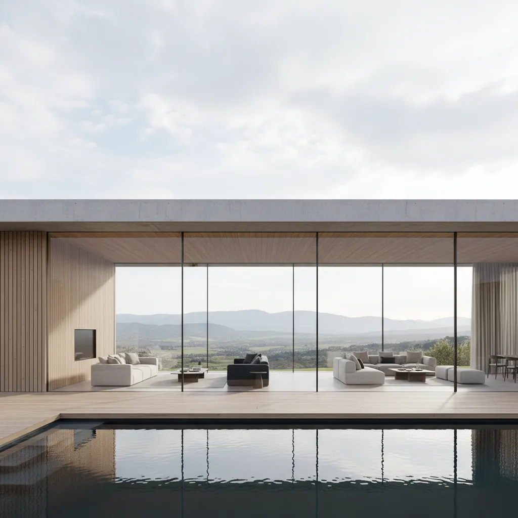 Modern house with glass windows reflecting in a pool showing interior sofas and distant mountains