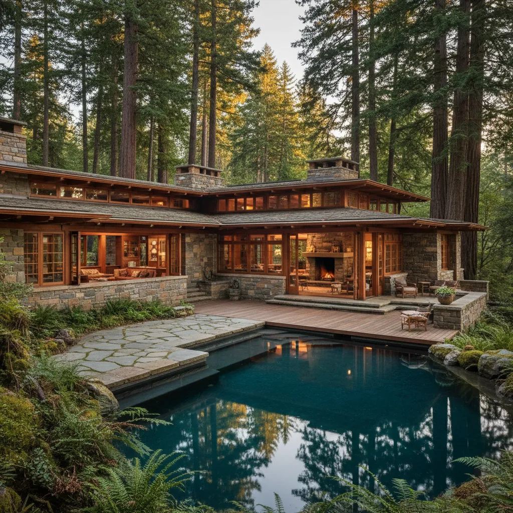 Casa moderna integrada en la naturaleza con materiales naturales