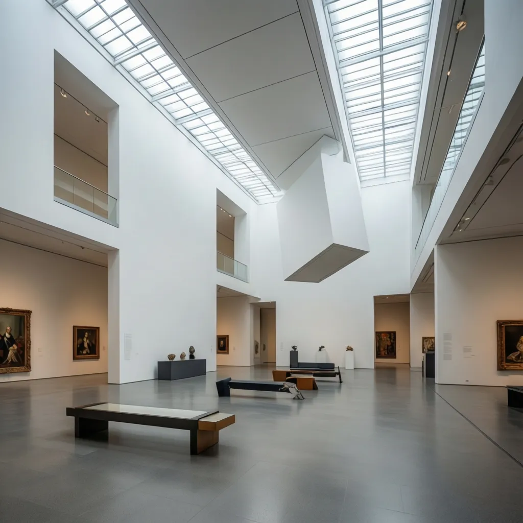 Modern art gallery with high white walls hanging paintings black benches and large white structure
