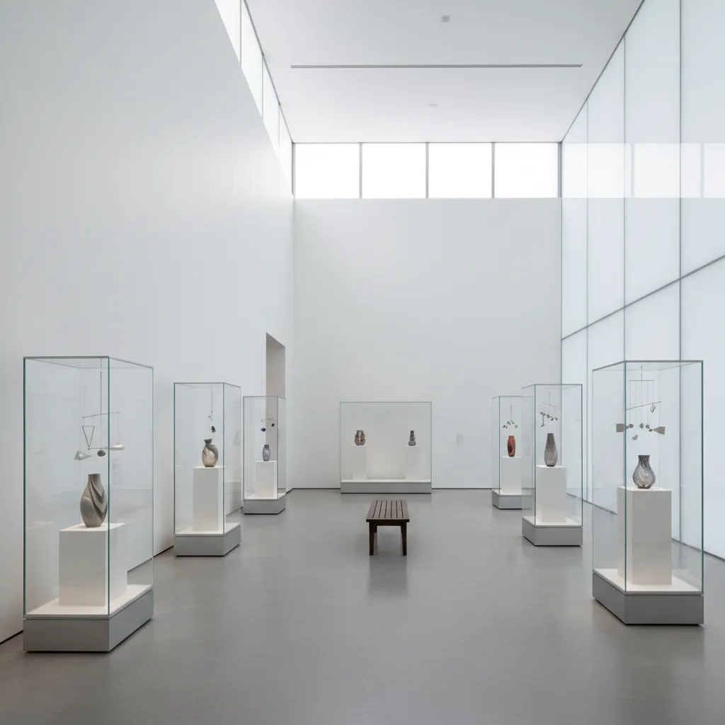 Minimalist museum room with several glass display cases holding vases wooden bench and frosted glass