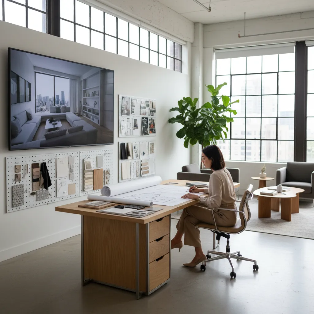 An interior designer sits at a wooden desk reviewing floor plans in a bright office