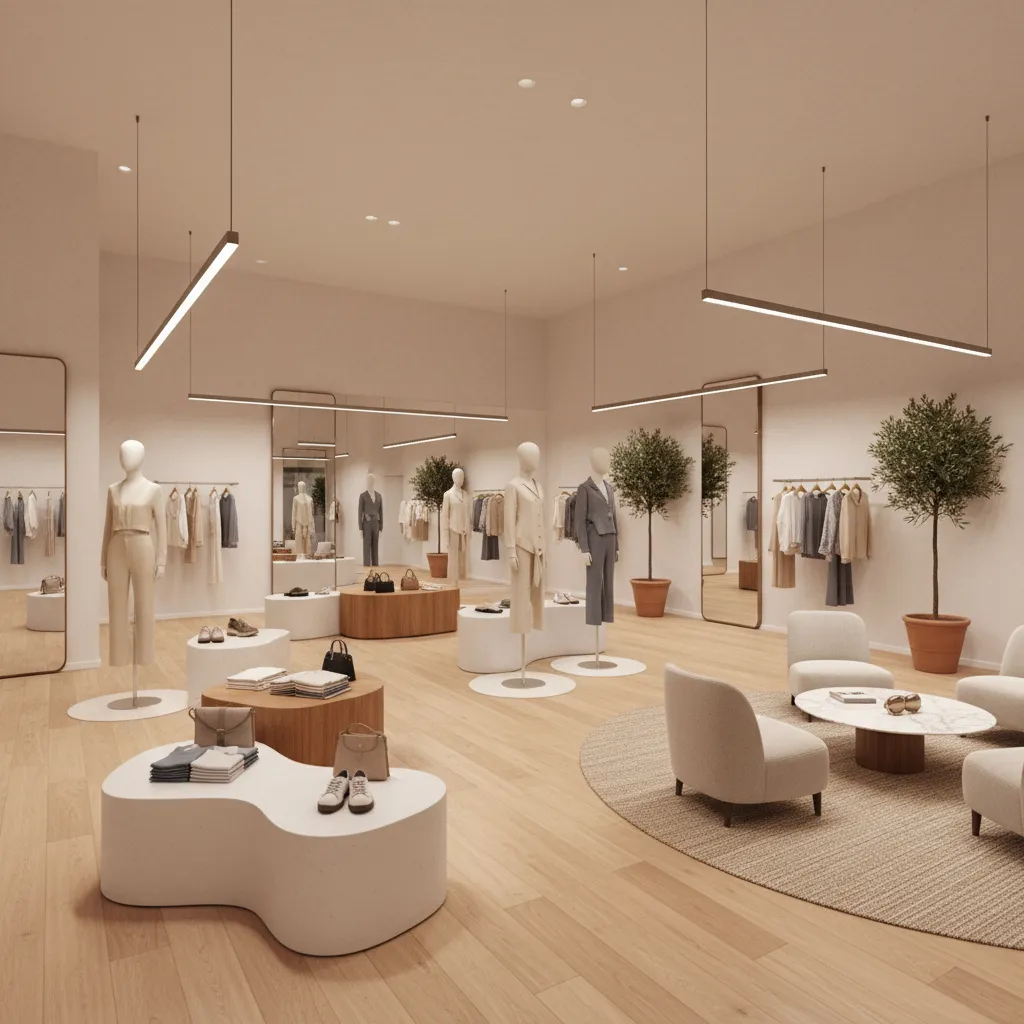 free flow boutique retail layout with open displays and organic pathways