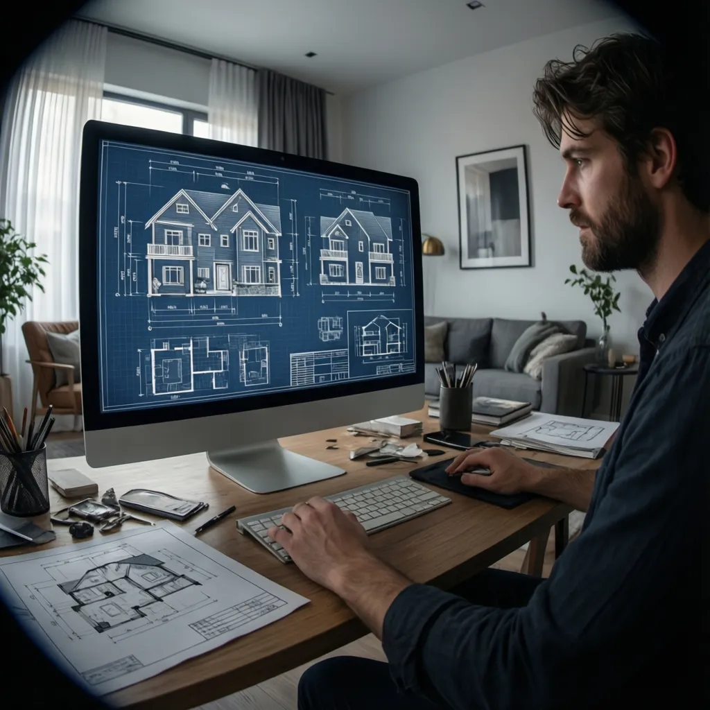Person reviewing multiple house blueprint layouts on computer screen