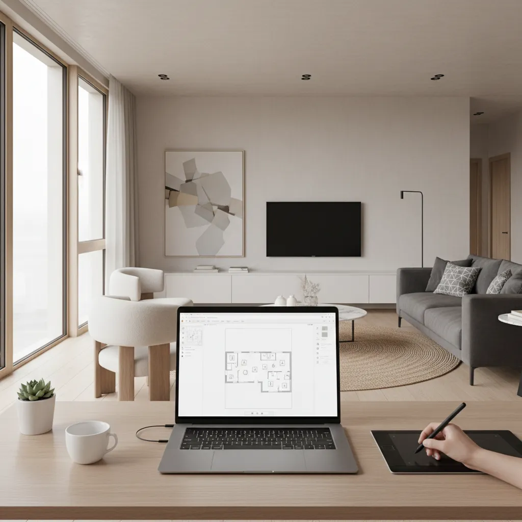 Laptop showing floor plan editor on wooden desk with person using drawing tablet in room