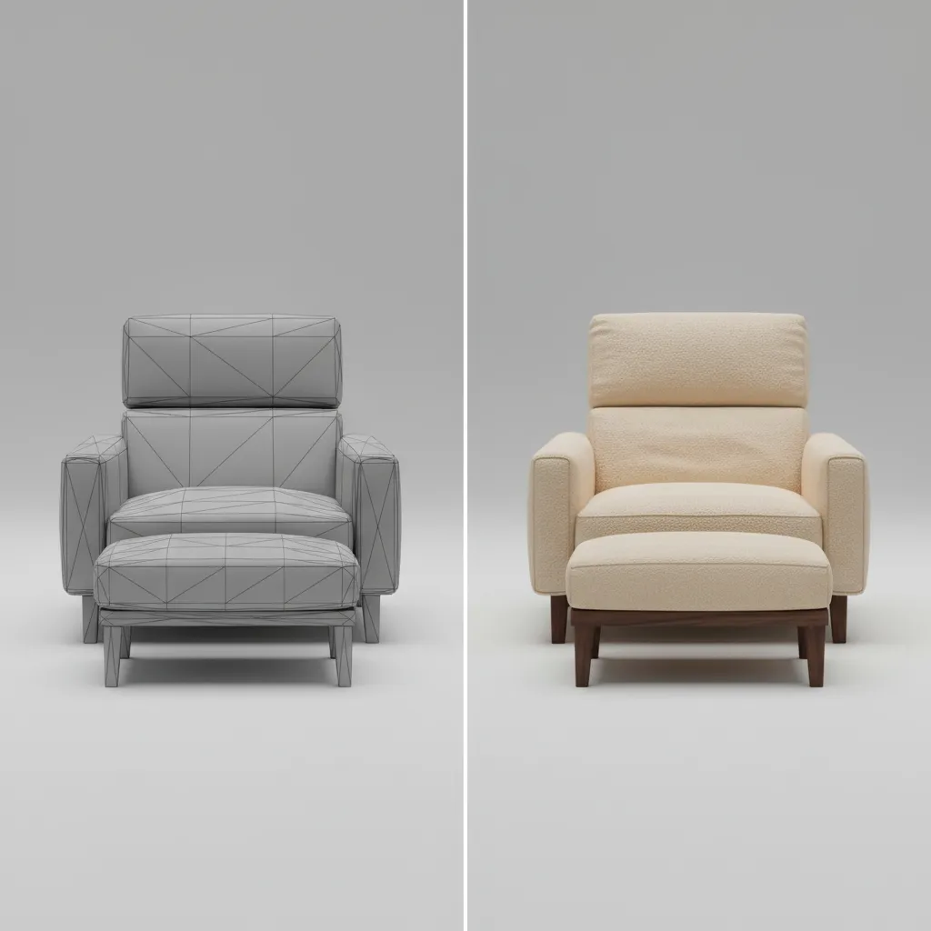 side by side comparison of basic free 3D model and high quality professional model render