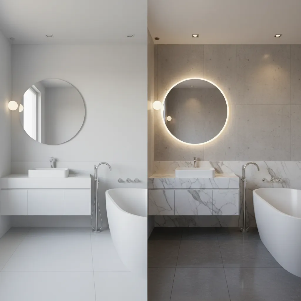 Comparison of basic white bathroom design versus premium marble bathroom with warm light and mirror