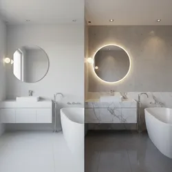 Comparison of basic white bathroom design versus premium marble bathroom with warm light and mirror