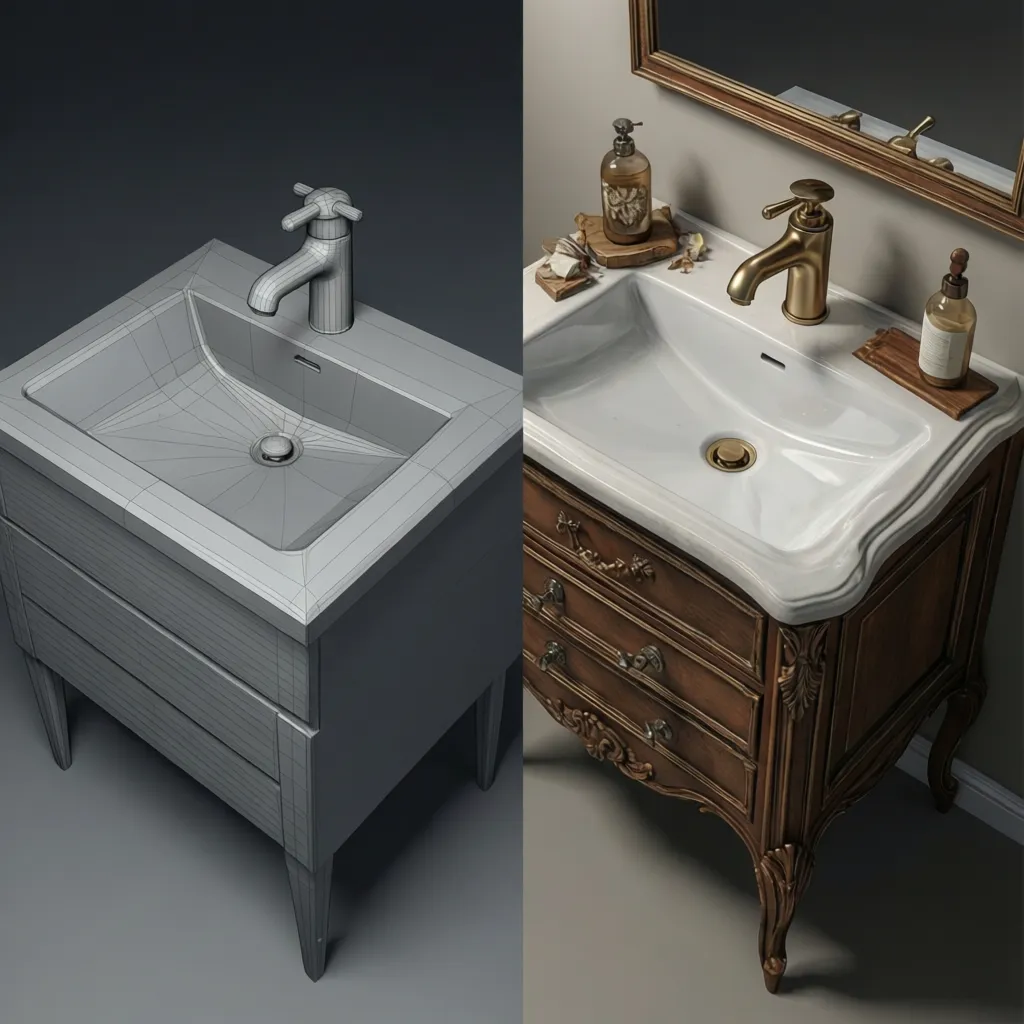 Comparison of a basic grey sink model and a realistic wooden vanity interior design drawing