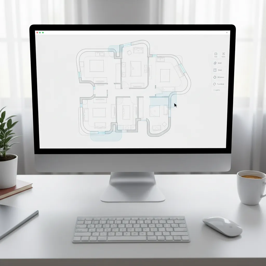 Digital interface showing a freeform floor plan sketch with irregular room shapes