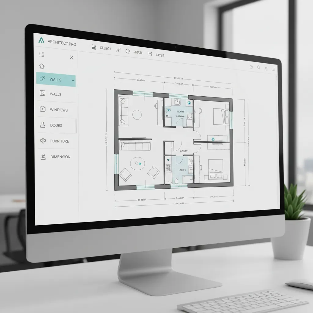 Digital floor planning software showing tools for walls furniture and measurement editing