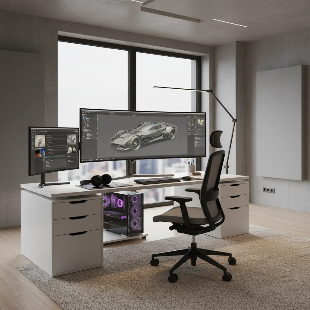 freelance 3D artist working alone on a workstation with modeling software
