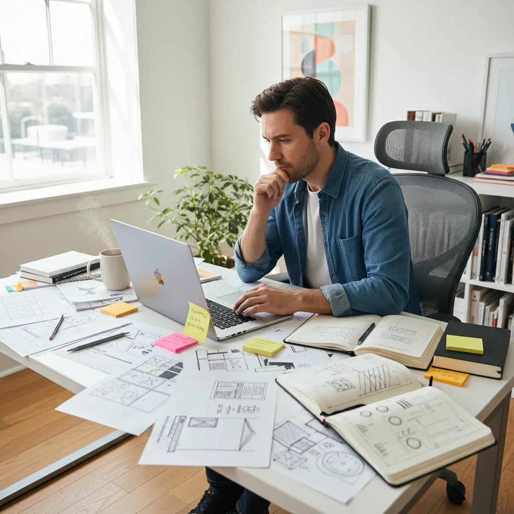 Diseñador revisando presupuestos de proyectos en su escritorio