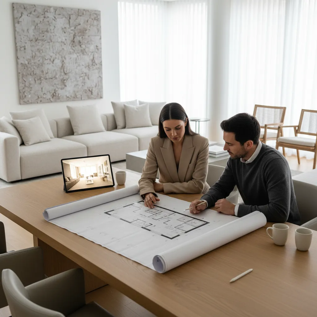 Interior designer discussing layout plans with client at a table
