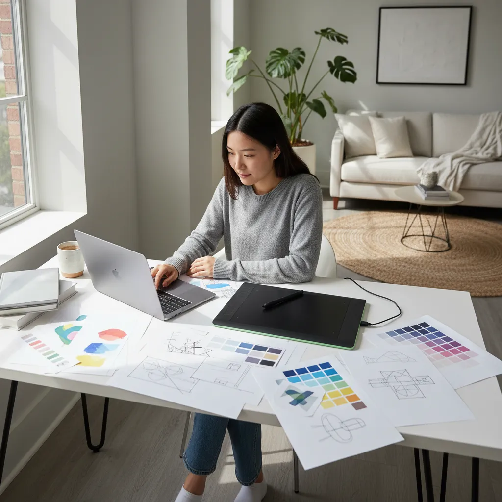 Diseñador freelance trabajando en computadora portátil desde su estudio en casa