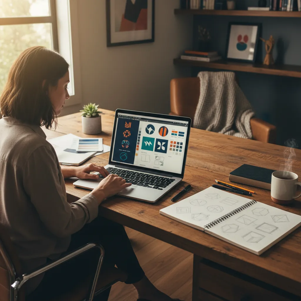 Diseñador freelance trabajando en branding desde un escritorio en casa