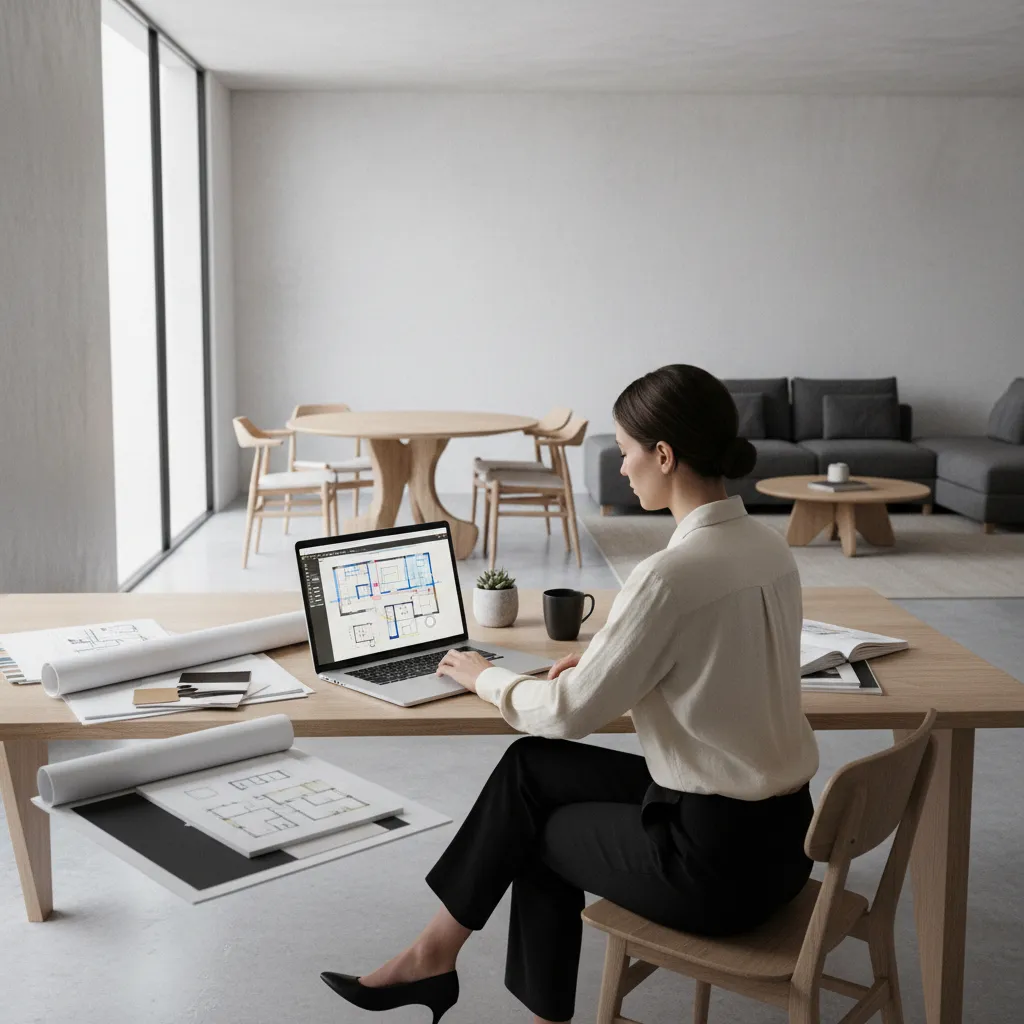 Interior designer working on digital floor plan layout on computer