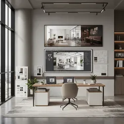 Interior design office with wooden desk chair laptops and large wall monitor showing room layout