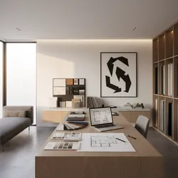 Modern design studio with house floor plan on wooden table laptop sofa and material samples