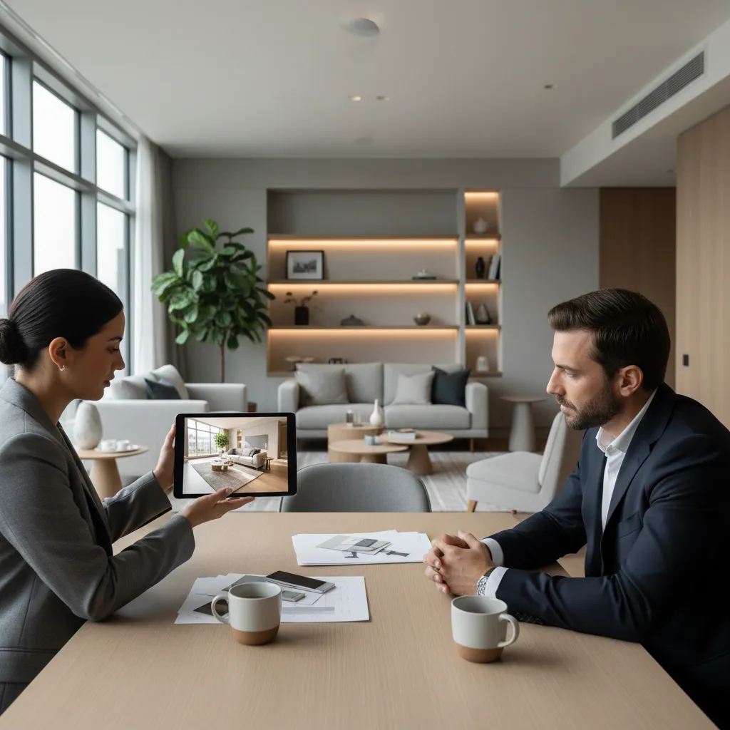 Diseñadora mostrando un proyecto de interiorismo a un cliente en una tablet