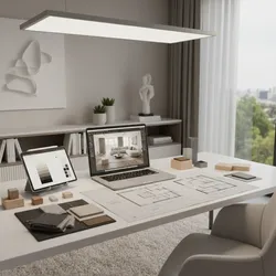 White desk with laptop showing room design tablet with colors and printed floor plan drawings