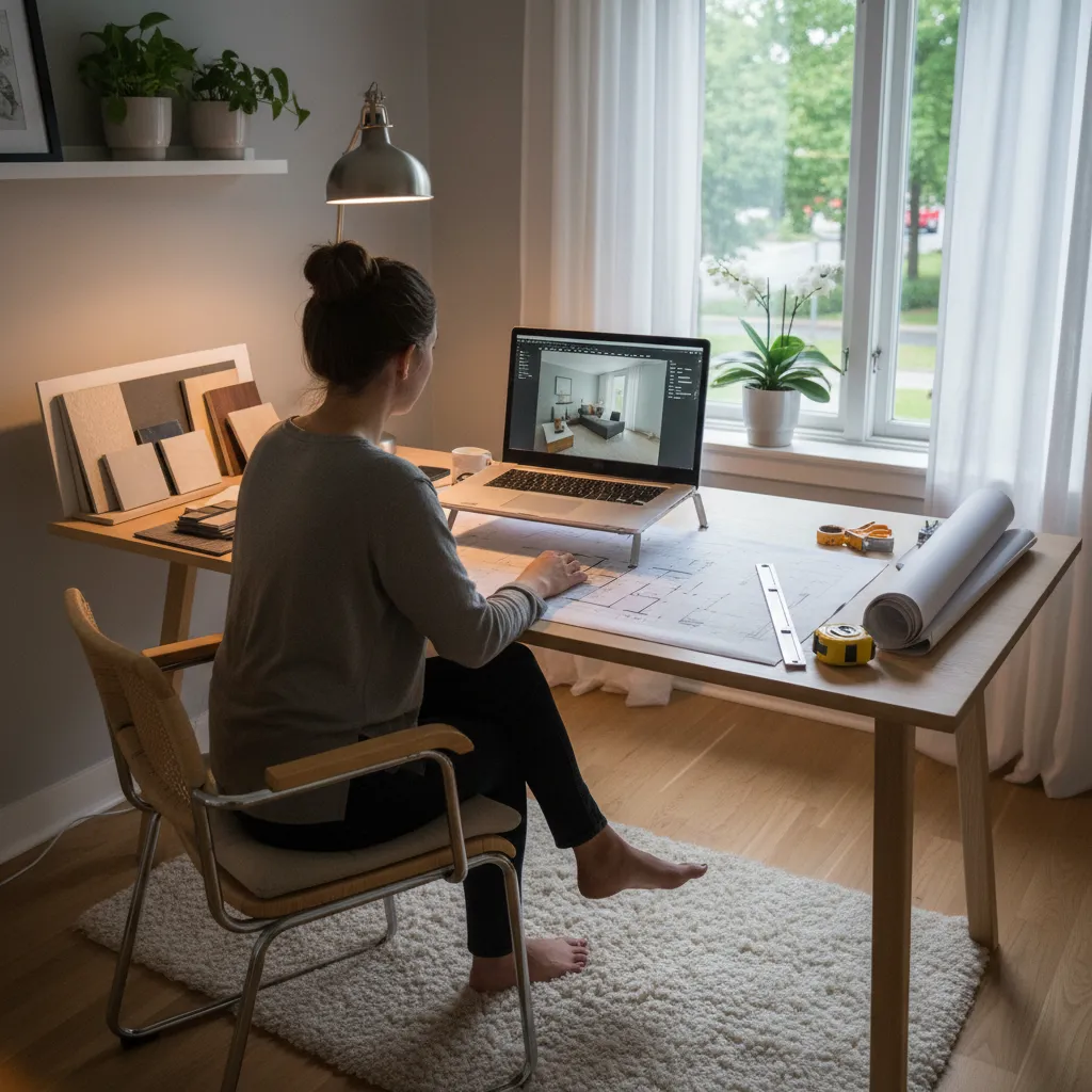 Diseñador freelance trabajando desde un estudio en casa con planos y portátil