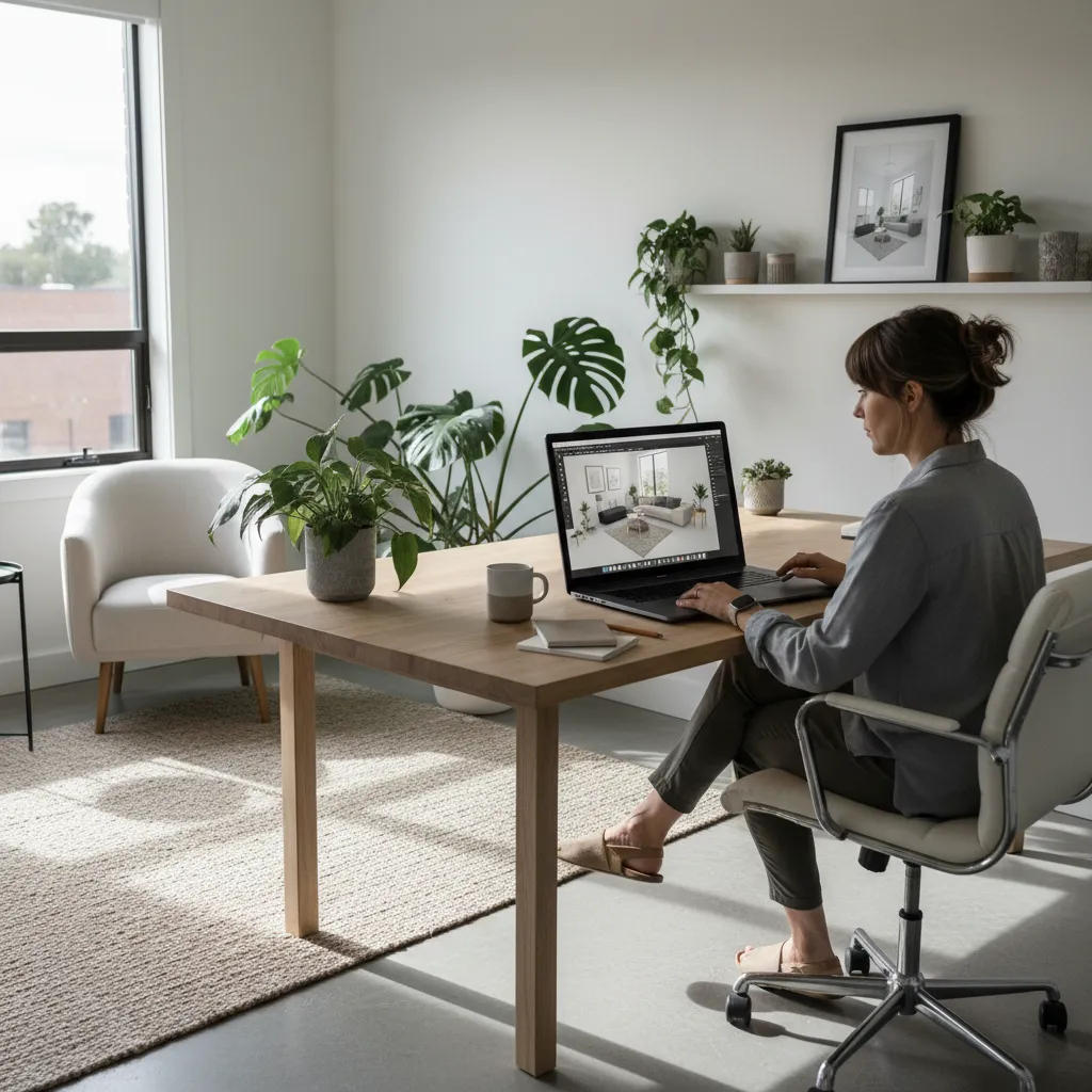 Diseñador freelance trabajando desde casa con planos digitales