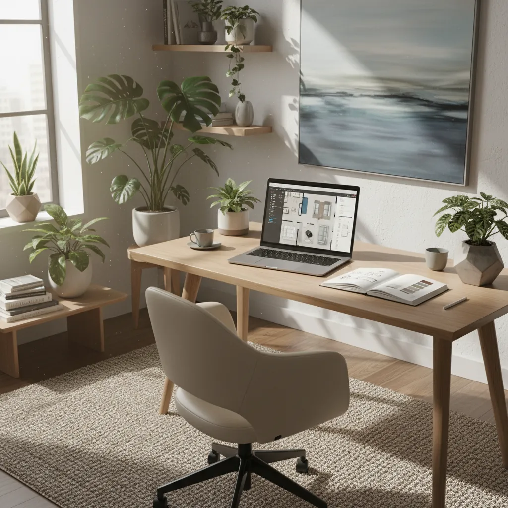Diseñador de interiores trabajando desde un estudio en casa con planos y portátil