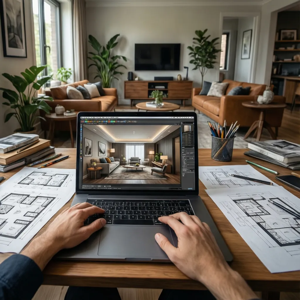 Diseñador de interiores trabajando desde un estudio en casa con ordenador y planos