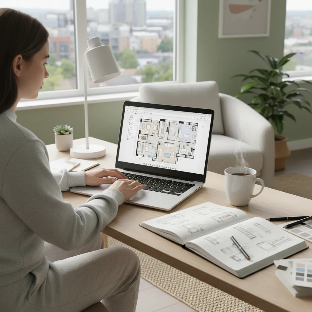 Diseñador freelance trabajando desde casa con planos y ordenador portátil