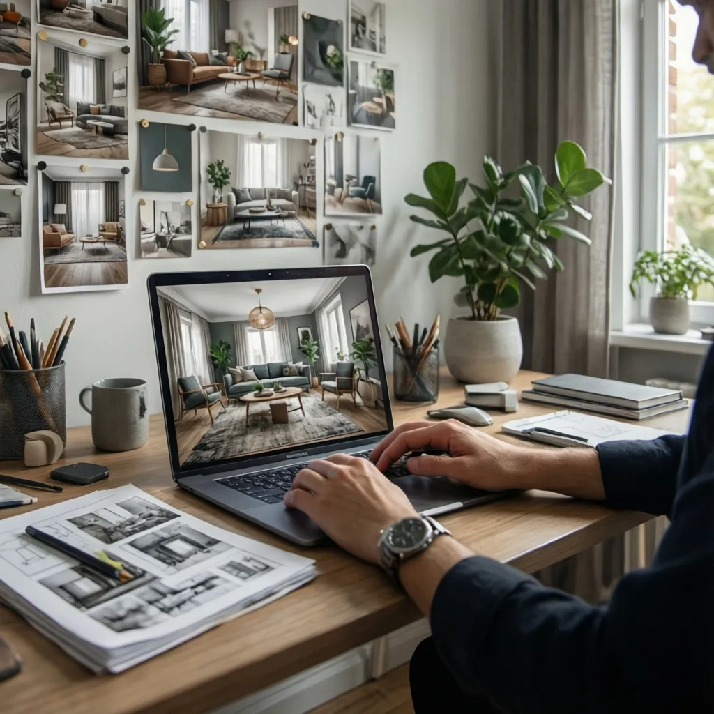 Decoradora freelance trabajando desde un estudio en casa con planos y ordenador