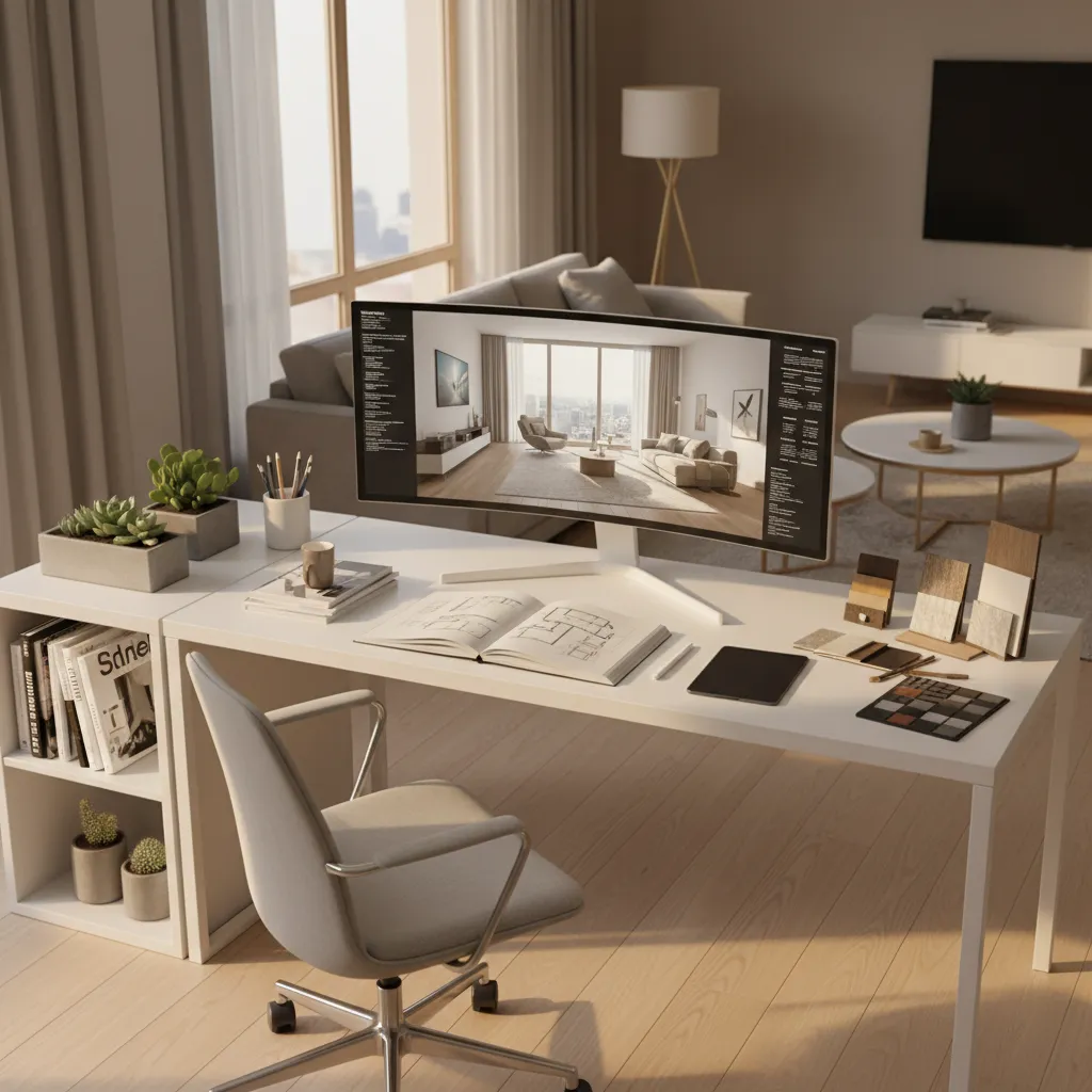 freelance interior designer working from home studio with 3d design software
