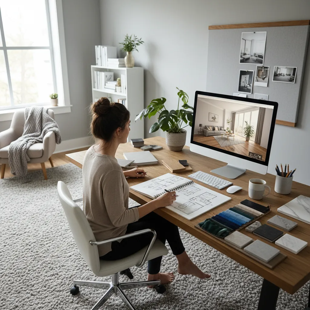 Diseñador de interiores freelance trabajando desde un estudio en casa