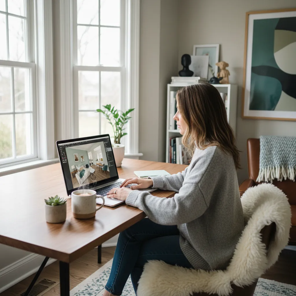Female designer sitting at a wooden desk working on a laptop showing interior design layouts