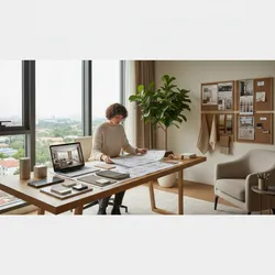 Female designer reviewing paper floor plans at a wooden desk with laptop and material samples
