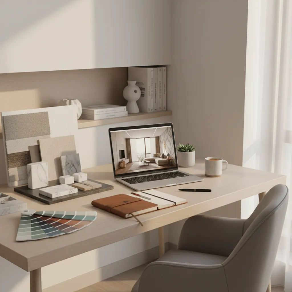 independent interior designer workspace with laptop sketches and material samples