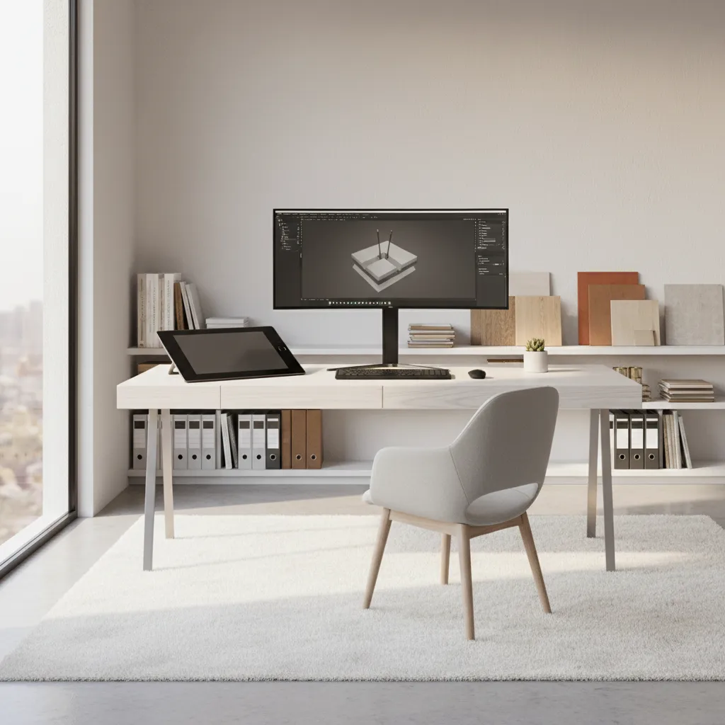 freelance interior designer workstation with large monitor drawing tablet and organized desk