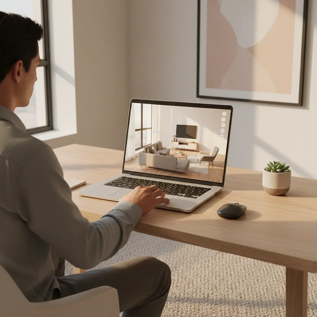 Designer planning living room furniture layout using digital room planner